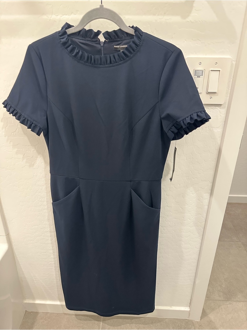 Maggy London Navy Ruffle-Trim Midi Sheath Dress
